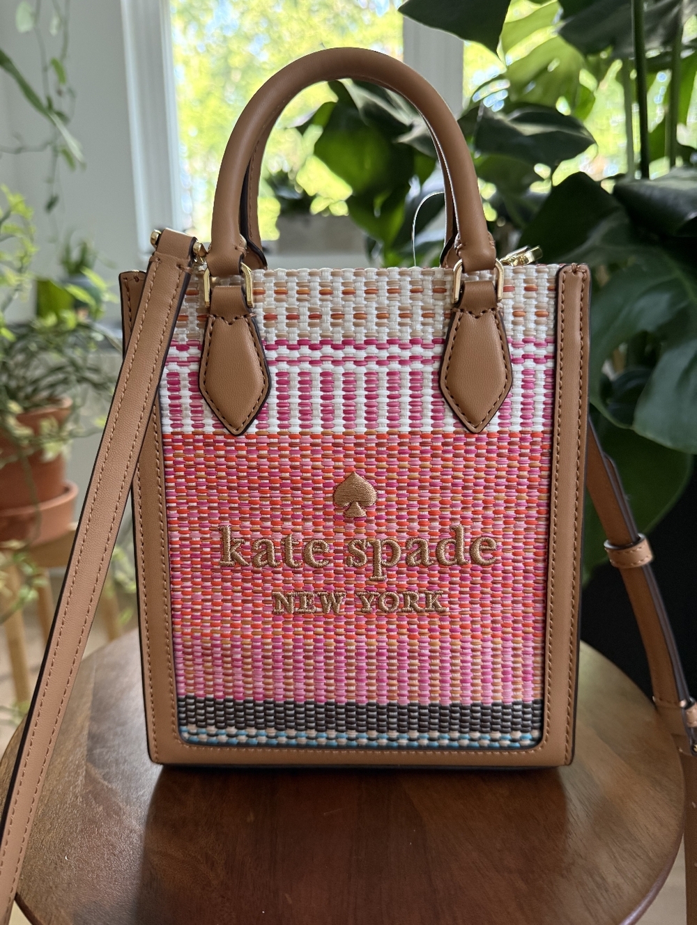 Kate Spade Pink Multi Woven Satchel with Tan Trim Mini Tote